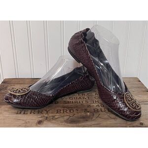 Tory Burch Reva Snakeskin Ballet Flats Womens 8 Brown Coquette Luxury Logo